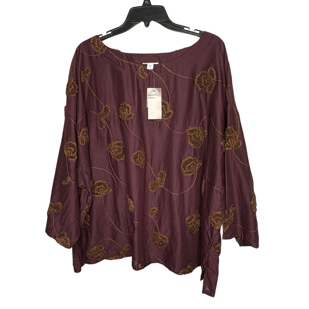 J. Jill Valley Embroidered Scoop Neck Purple Brown 3/4 Sleeve Top New Size 2XL